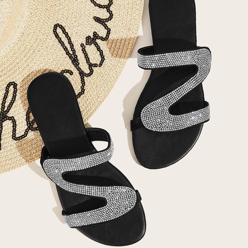 

Rhinestone Toe Post Slide Sandals, Black
