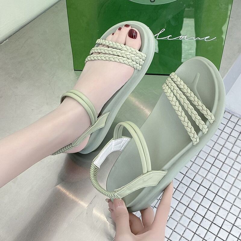

Solid Braided Strap Flat Sandals, Mint green