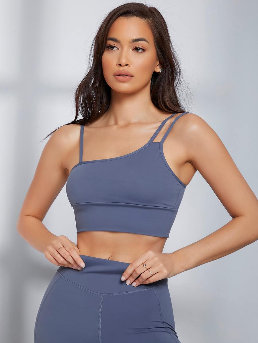 SHEIN 不對稱帶素色短版運動胸罩 - 藍色 - 查看 1