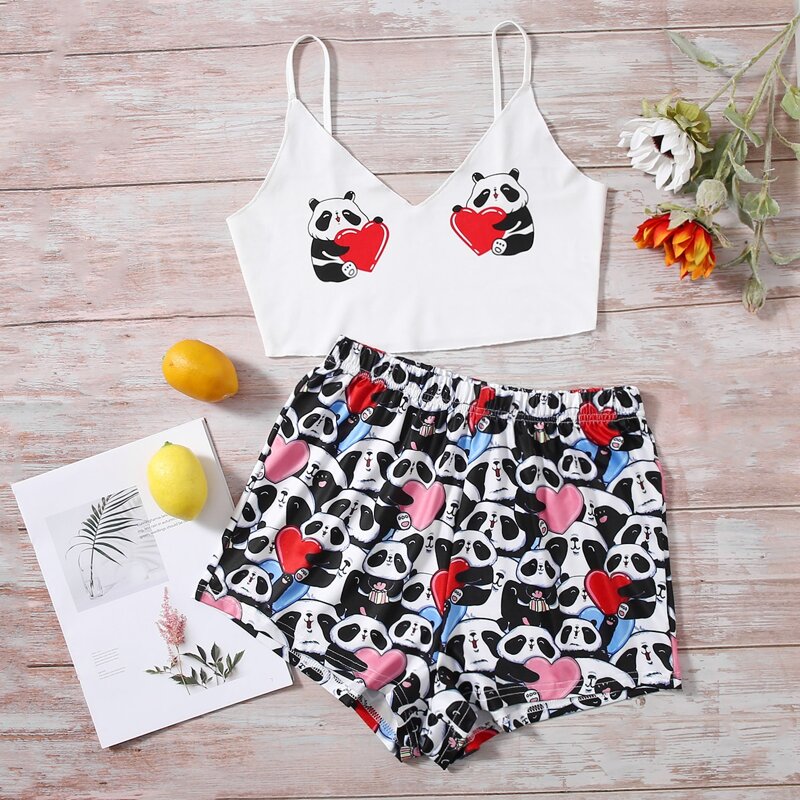 

Panda And Heart Print Cami PJ Set, Multicolor