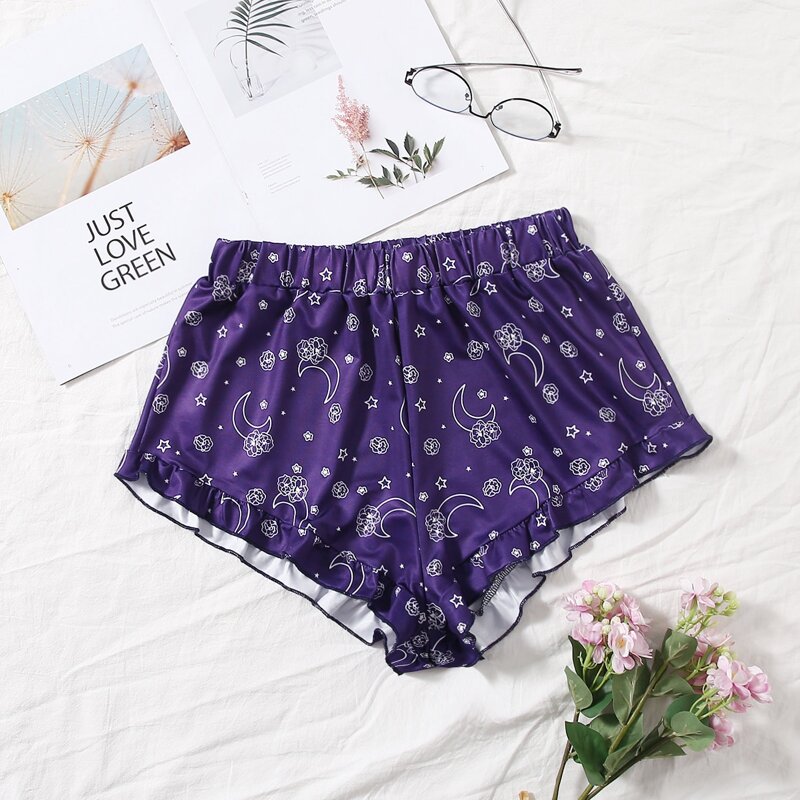 

Moon And Star Print Ruffle Hem Sleep Shorts, Violet purple