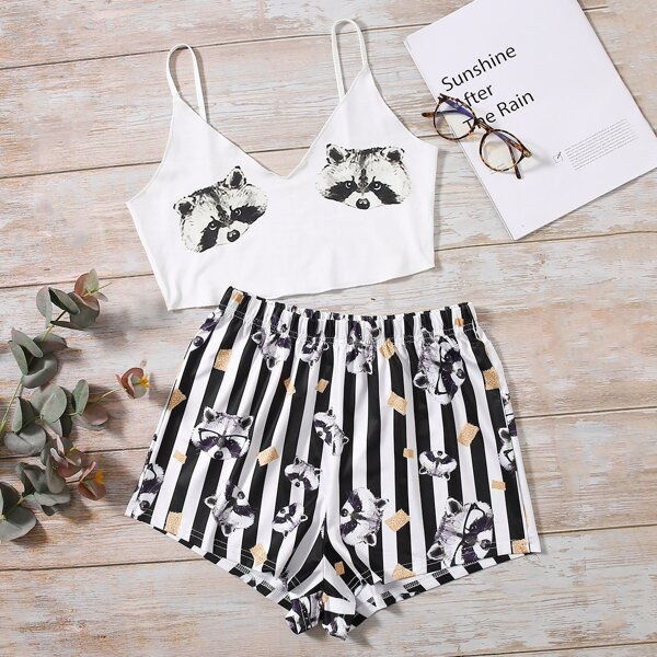 

Raccoon And Striped Print Cami PJ Set, Black and white