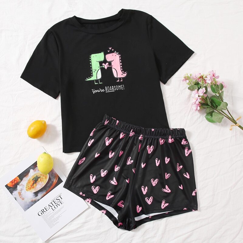 

Cartoon And Slogan Graphic PJ Set, Black