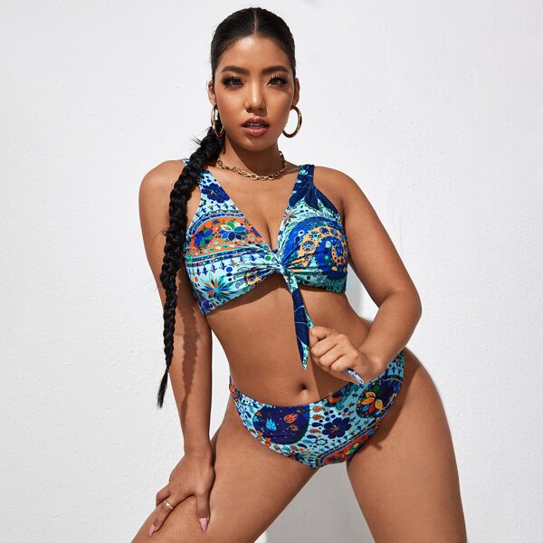 

Plus Flower Print Knot Front Bikini Swimsuit, Multicolor