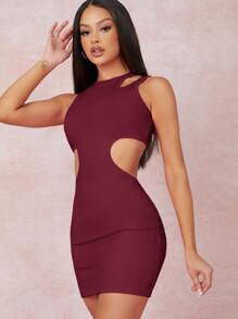 SHEIN BAE 鏤空露背包臀迷你連衣裙 - 酒紅色 - 查看 1