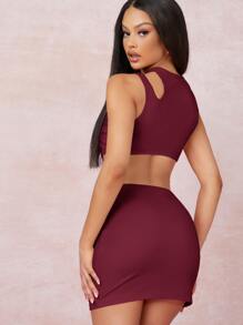 SHEIN BAE 鏤空露背包臀迷你連衣裙 - 酒紅色 - 查看 2