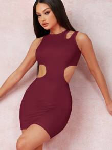SHEIN BAE 鏤空露背包臀迷你連衣裙 - 酒紅色 - 查看 3