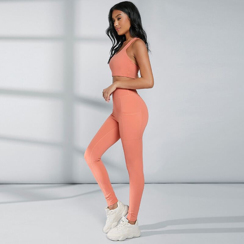 

Wide Waistband Phone Pocket Sports Leggings, Coral orange