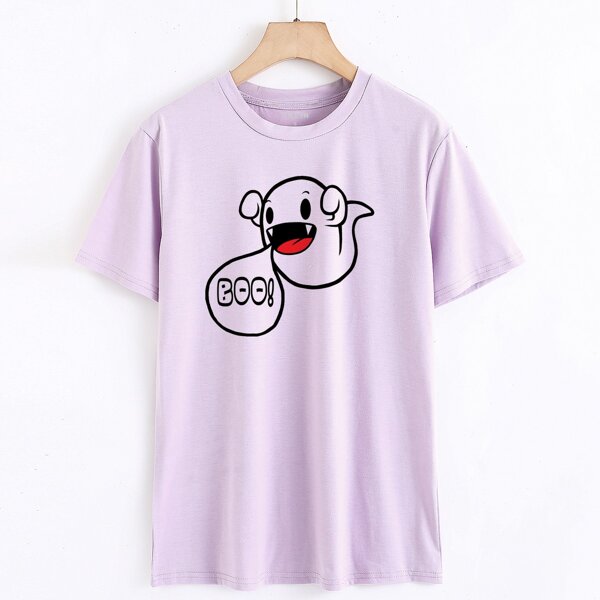 

Cartoon Ghost And Slogan Graphic Tee, Lilac purple