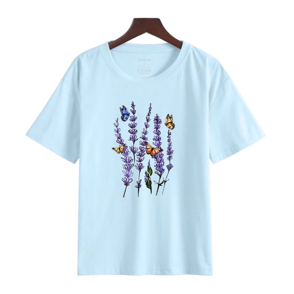 

Butterfly And Floral Print Tee, Baby blue