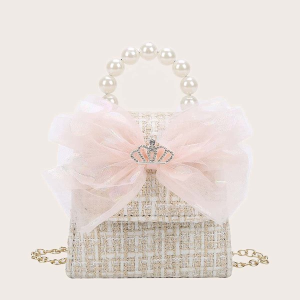 

Girls Faux Pearl & Bow Decor Satchel Bag, Khaki