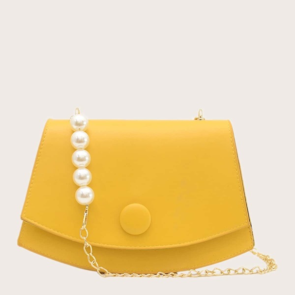 

Faux Pearl Decor Flap Shoulder Bag, Yellow