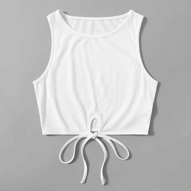 

Solid Ribbed Tie Front Tank Top, White