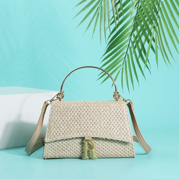 

Metal Letter Decor Straw Bag, Khaki
