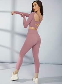 SHEIN 瑜伽打底褲無縫高腰收復運動緊身褲帶寬腰帶 - 藕粉色 - 查看 1