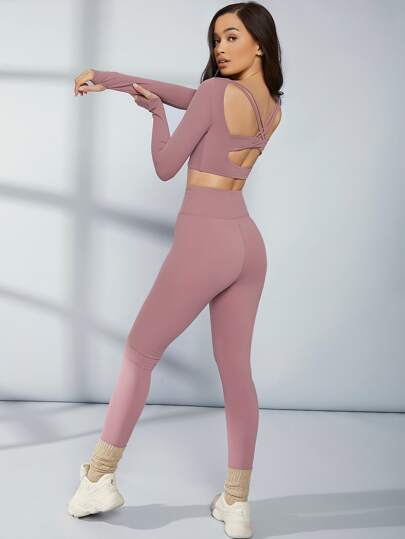 بنطلون يوجا ليجنز رياضي بدون خياطة بخصر عالٍ للتحكم في البطن مع حزام عريض