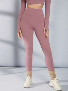 SHEIN 瑜伽打底褲無縫高腰收復運動緊身褲帶寬腰帶 - 藕粉色 - 查看 2