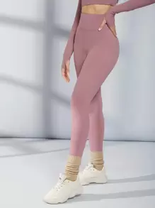 SHEIN 瑜伽打底褲無縫高腰收復運動緊身褲帶寬腰帶 - 藕粉色 - 查看 3