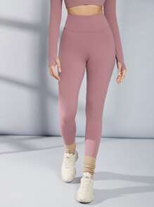 SHEIN 瑜伽打底褲無縫高腰收復運動緊身褲帶寬腰帶 - 藕粉色 - 查看 4