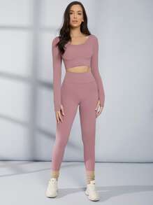 SHEIN 瑜伽打底褲無縫高腰收復運動緊身褲帶寬腰帶 - 藕粉色 - 查看 5