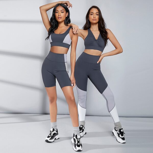 

1PC Colorblock Crop Sports Bra, Dark grey