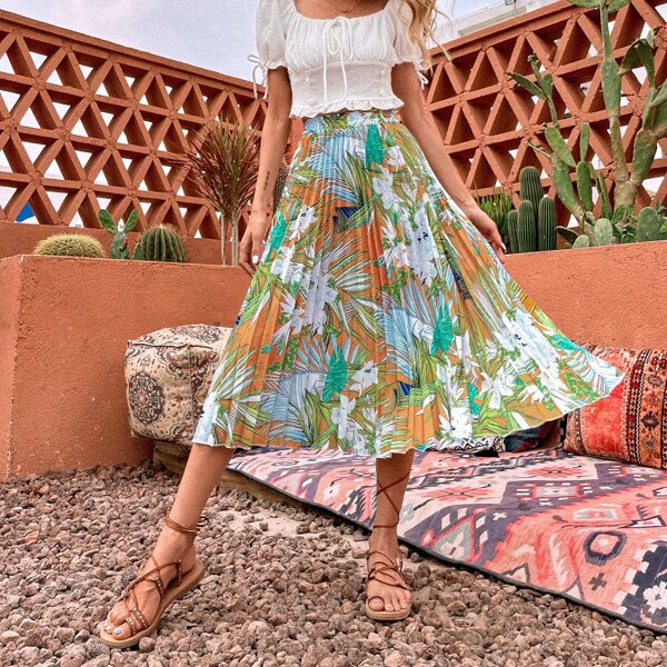 

Floral Print Pleated Skirt, Multicolor