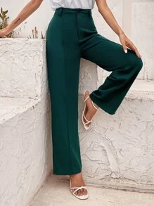 GENKIRA Solid Button Fly Straight Leg Tailored Trousers - Dark Green - View 1