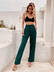 GENKIRA Solid Button Fly Straight Leg Tailored Trousers - Dark Green - View 3