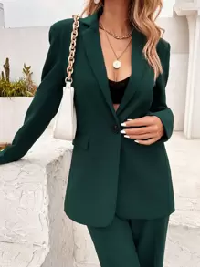 GENKIRA Blazer con botón de espalda con abertura - Verde Oscuro - Ver 4