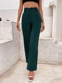 GENKIRA Solid Button Fly Straight Leg Tailored Trousers - Dark Green - View 4