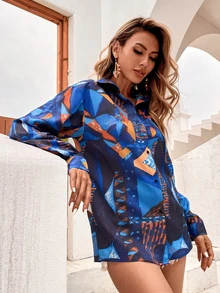 Camisa larga bajo curvo con estampado de dibujo - Multicolor - Ver 4