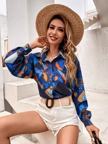 Camisa larga bajo curvo con estampado de dibujo - Multicolor - Ver 5