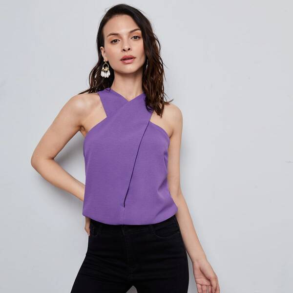 

Cross Wrap Solid Halter Top, Violet purple