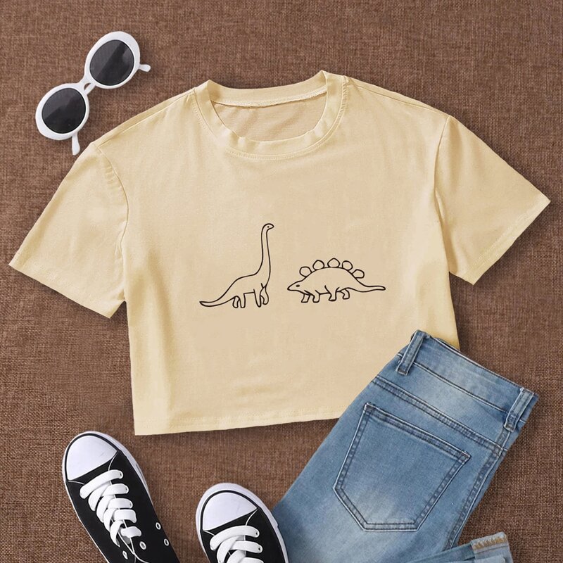 

Cartoon Dinosaur Graphic Crop Tee, Beige