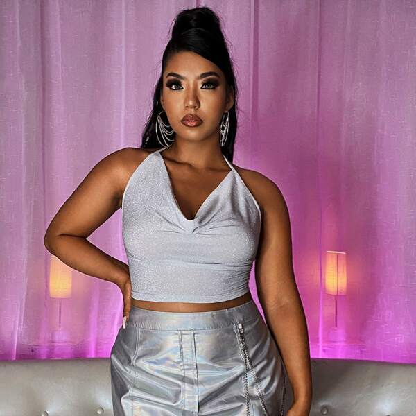

Plus Glitter Draped Tie Backless Halter Top, Silver