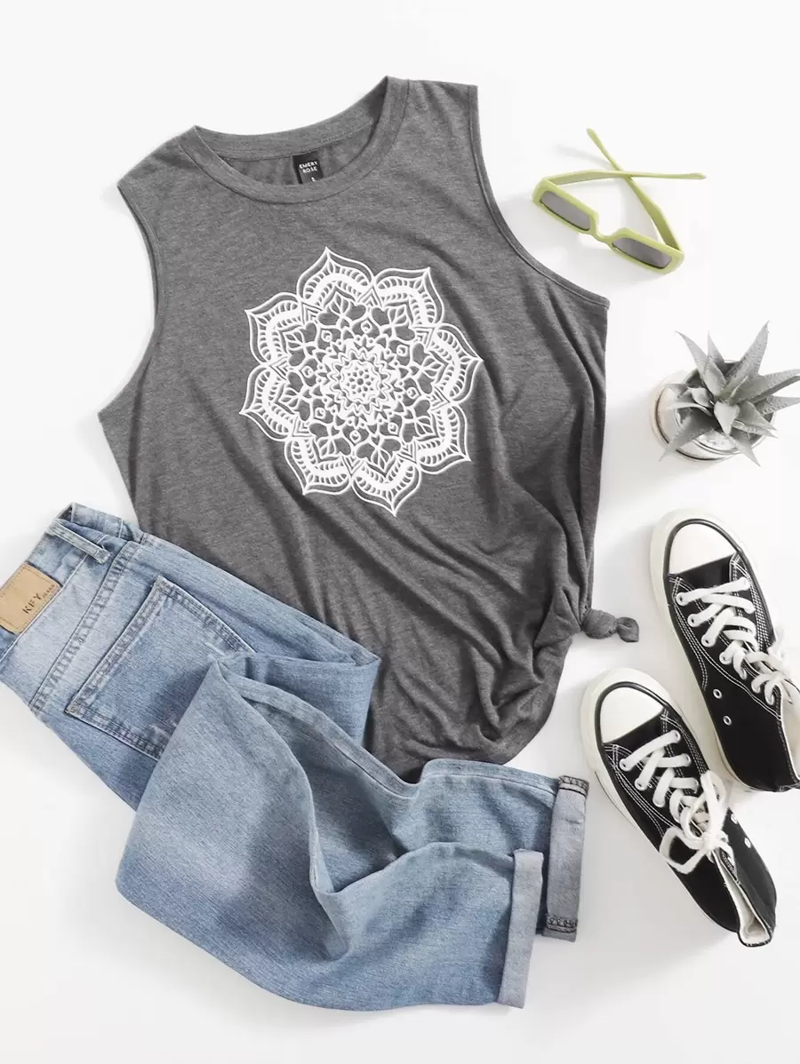 SHEIN LUNE Top tank con estampado floral - Gris - Ver 1