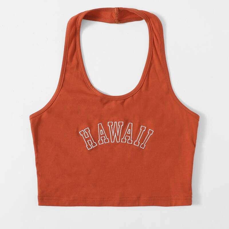 

Letter Embroidery Crop Halter Top, Orange