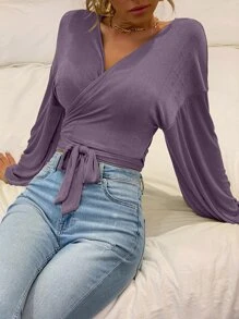 Solid Drop Shoulder Wrap Belted Crop Blouse - Purple - View 4