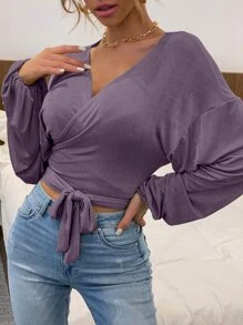 Solid Drop Shoulder Wrap Belted Crop Blouse - Purple - View 5