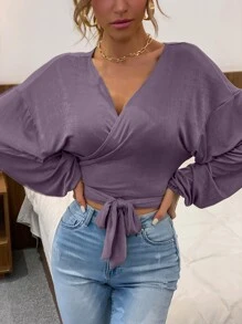 Solid Drop Shoulder Wrap Belted Crop Blouse - Purple - View 6
