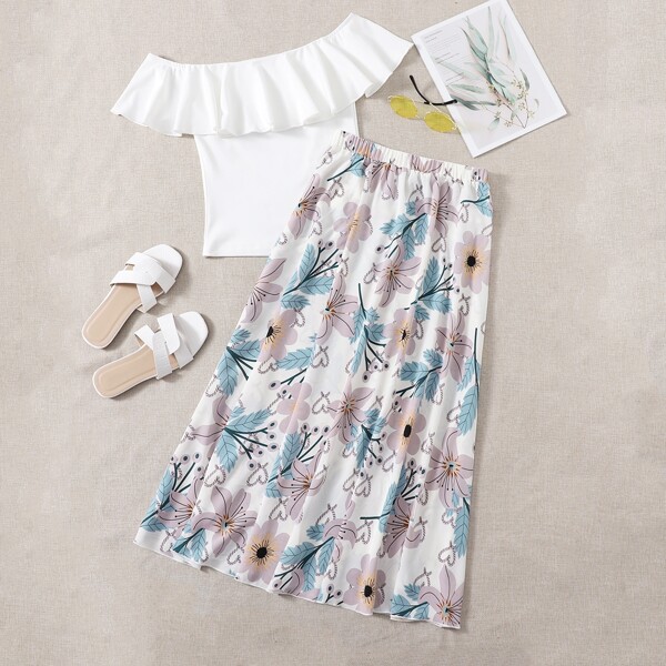 

Ruffle Hem Tee & Floral Skirt Set, Multicolor