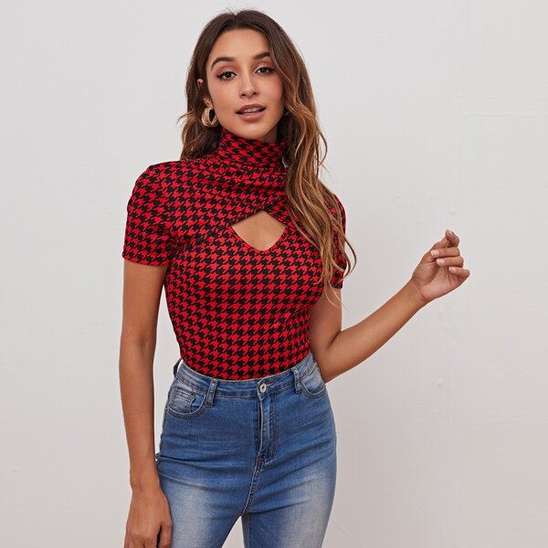 

High Neck Overlay Front Peekaboo Houndstooth Top, Burgundy