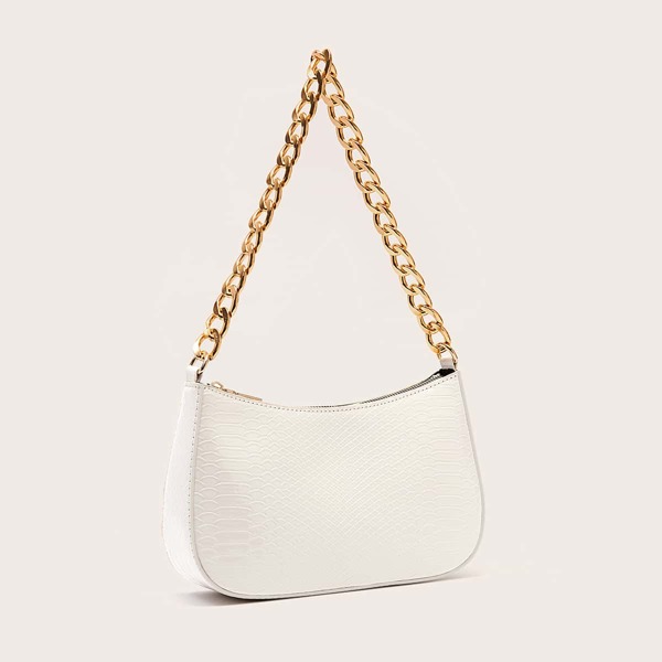 

Snakeskin Embossed Chain Shoulder Bag, White