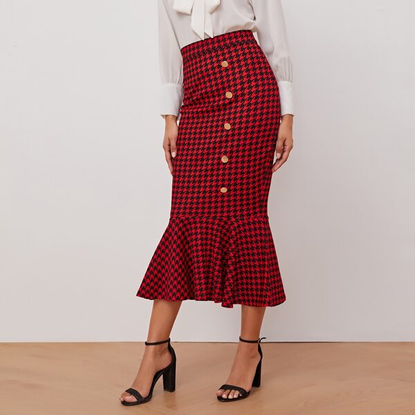 

Button Front Houndstooth Mermaid Skirt, Red