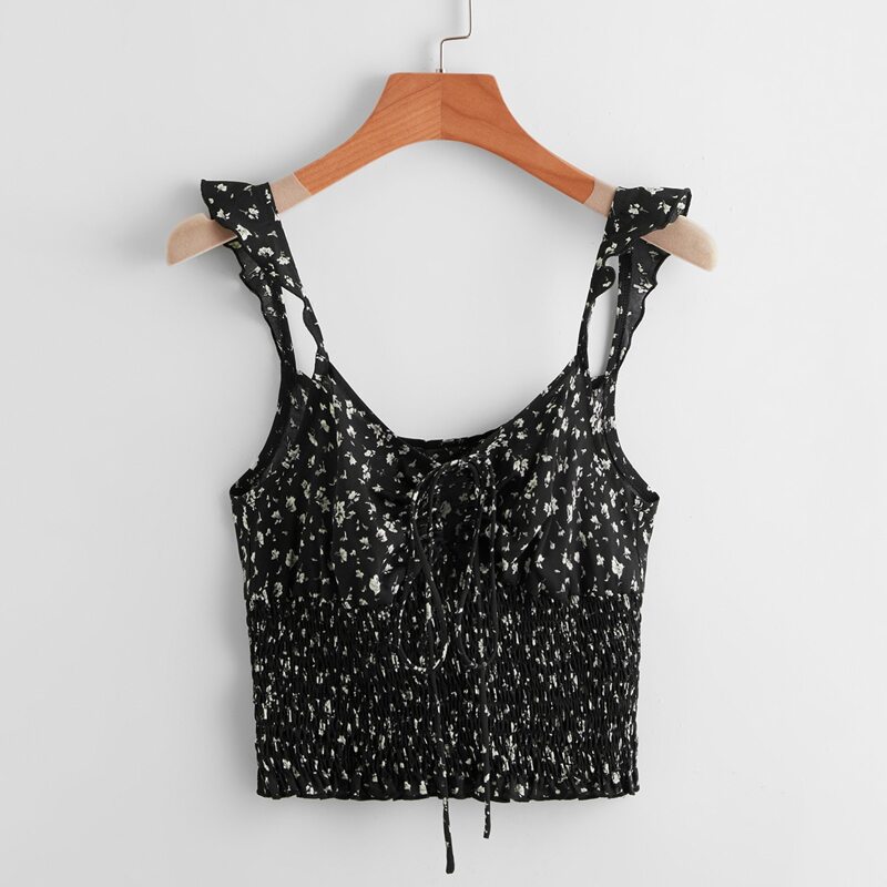 

Ditsy Floral Shirred Top, Black