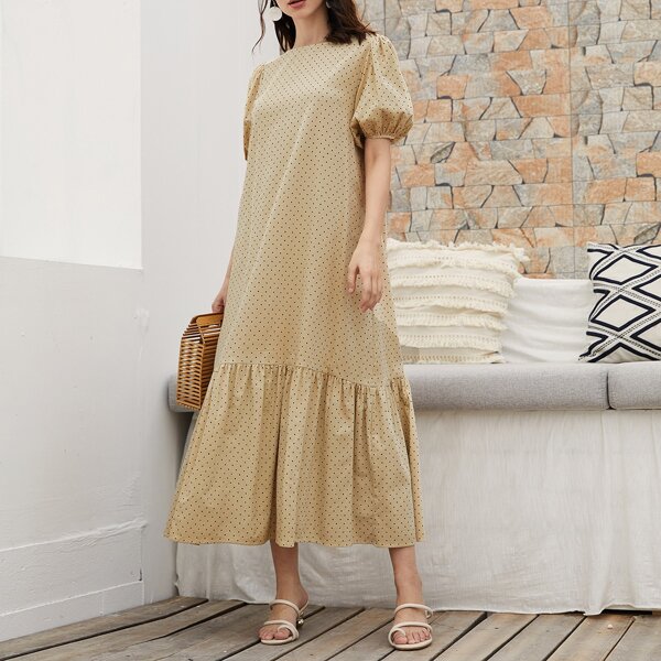 

Puff Sleeve Ruffle Hem Dalmatian Dress, Khaki
