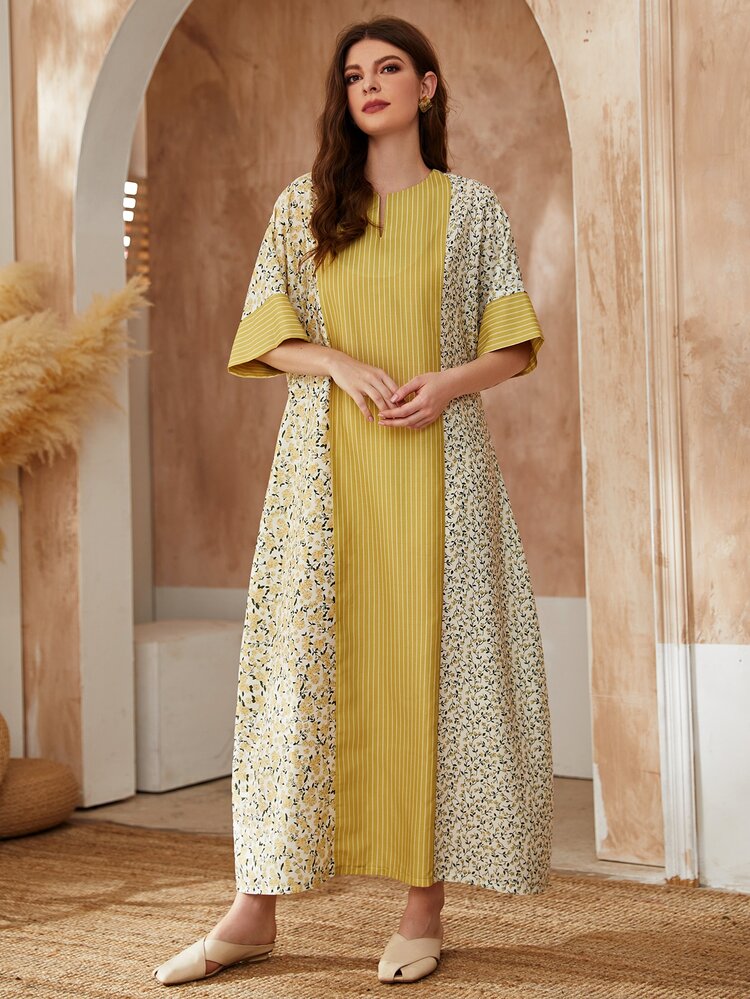 Striped & Floral Print Notch Neck Tunic Dress, Modest Kaftan