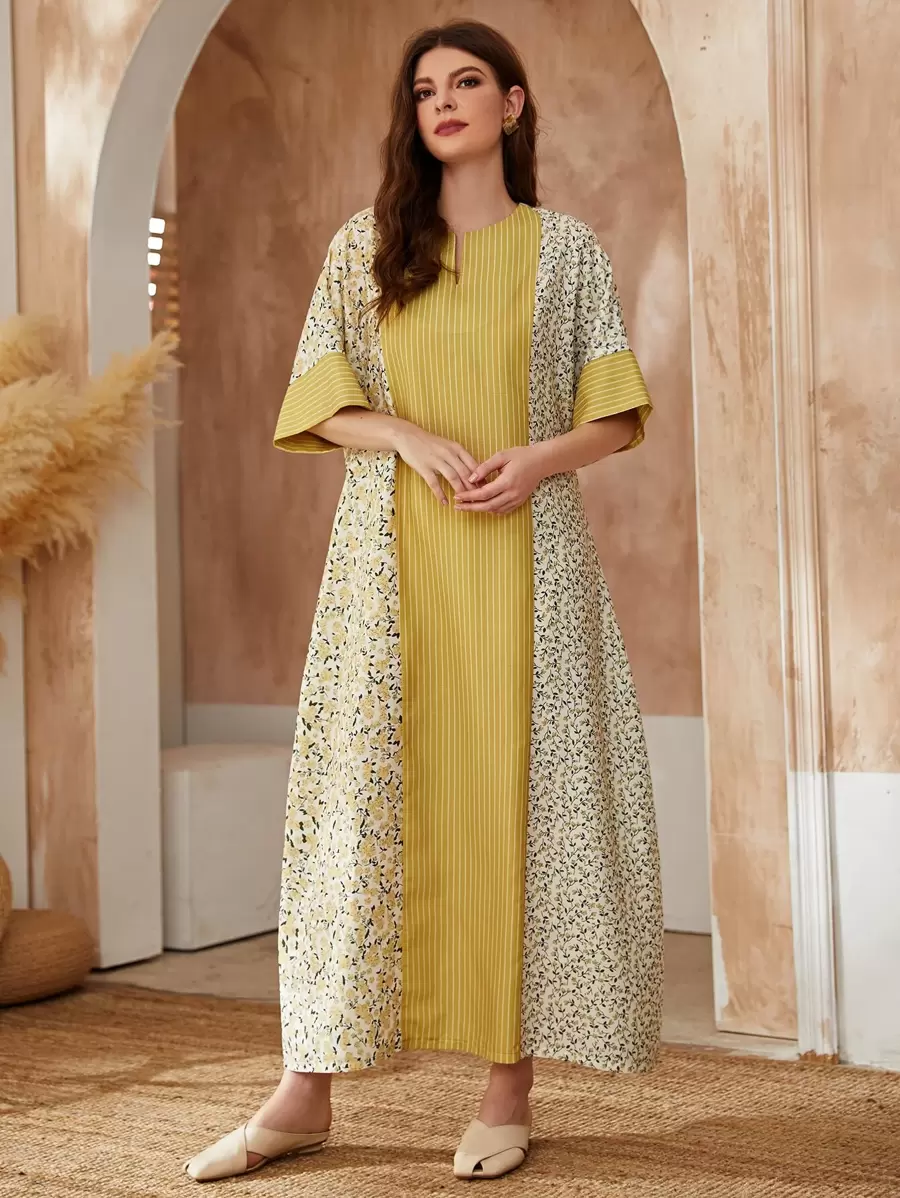 Al Najma Striped & Floral Print Notch Neck Tunic Dress, Modest Kaftan
