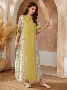 Al Najma Striped & Floral Print Notch Neck Tunic Dress, Modest Kaftan