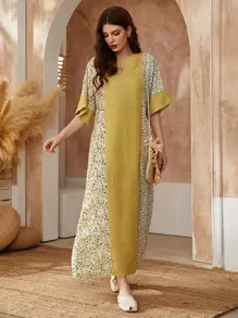 Al Najma Striped & Floral Print Notch Neck Tunic Dress, Modest Kaftan